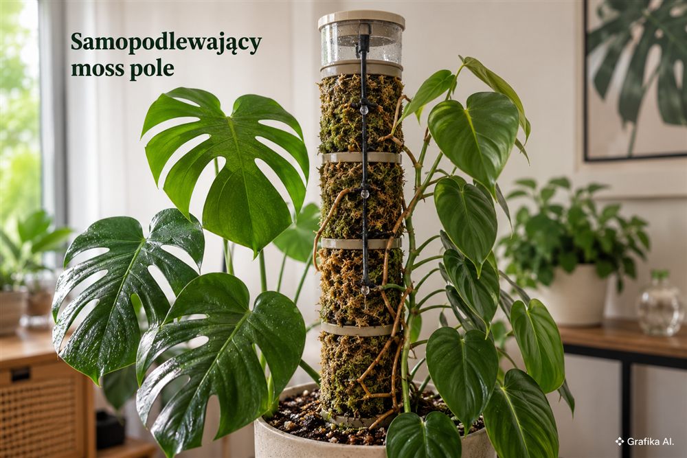 Samopodlewający moss pole ze zbiornikiem dla monstery i filodendrona – grafika AI