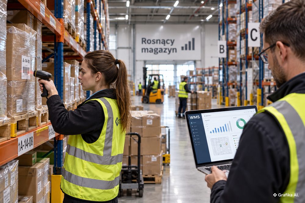 Pracownicy magazynu skanują towar i korzystają z systemu WMS
