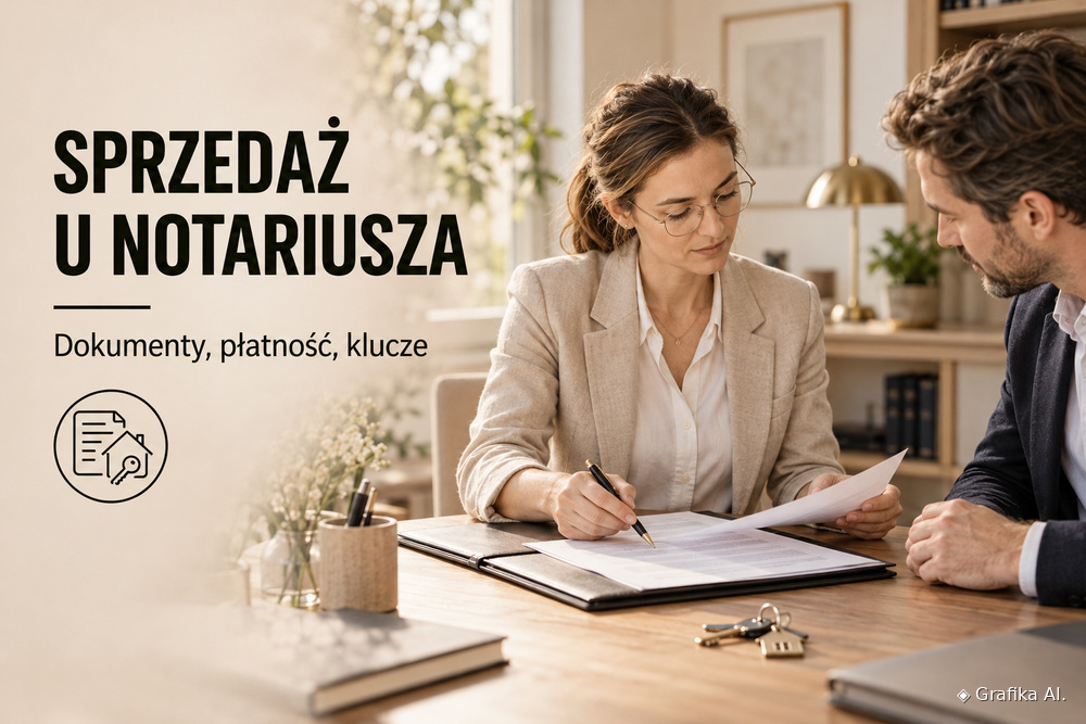 Przygotowanie dokumentów sprzedaży mieszkania w kancelarii notarialnej – grafika AI.