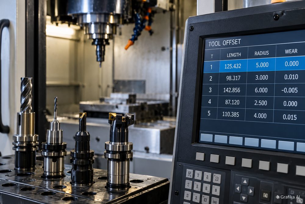 Narzędzia CNC i ekran korektorów narzędziowych – grafika AI