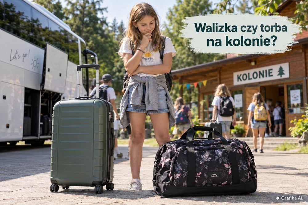 Dziecko wybiera między walizką a torbą podróżną przed wyjazdem na kolonie