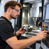 Operator CNC przy panelu sterowania trzyma wykonany detal